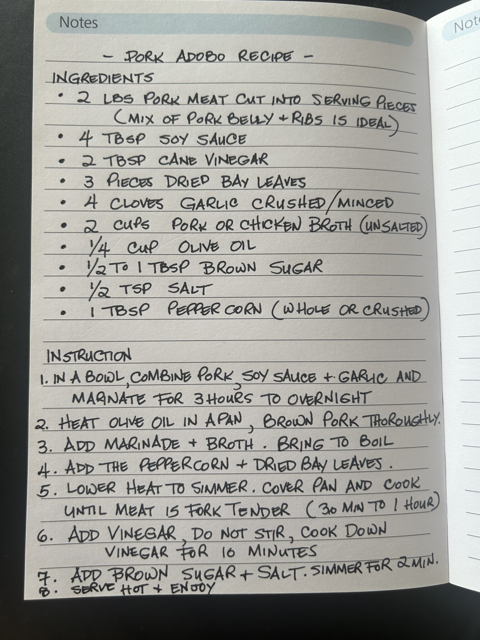 Filipino Chicken Adobo handwritten recipe