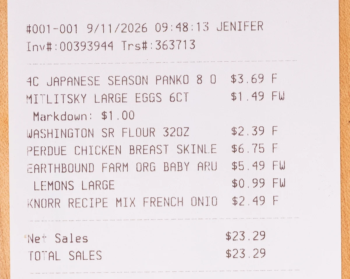 Grocery Receipt for Chicken Cutlet Ingredients